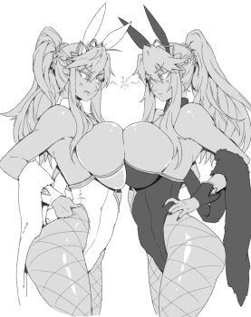 2girls ahoge anger_vein animal_ears artoria_pendragon_(fate) artoria_pendragon_(lancer)_(fate) artoria_pendragon_(lancer_alter)_(fate) artoria_pendragon_(swimsuit_ruler)_(fate) artoria_pendragon_(swimsuit_ruler)_(first_ascension)_(fate) bare_shoulders blush braid breasts clenched_teeth clothing_cutout detached_collar fate/grand_order fate_(series) feather_boa fishnet_pantyhose fishnets fur_shawl greyscale hair_between_eyes highleg highleg_leotard large_breasts leotard long_hair looking_at_another minew monochrome multiple_girls navel navel_cutout pantyhose playboy_bunny ponytail rabbit_ears shawl sidelocks teeth thighs tiara wrist_cuffs