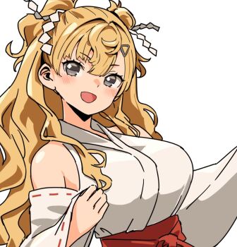1girl asava_(hutaitenn) blonde_hair breasts commentary_request detached_sleeves grey_eyes japanese_clothes kantai_collection kimono large_breasts miko minneapolis_(kancolle) ribbon-trimmed_sleeves ribbon_trim simple_background smile solo two_side_up upper_body wavy_hair white_background white_kimono