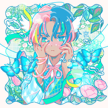 Rule 34 | 1boy, blue background, blue dress, blue hair, blue nails, blue shirt, blush, border, bow, bowtie, bug, butterfly, collared shirt, commentary request, dark-skinned male, dark skin, dress, floral background, flower, frown, gingham shirt, green background, green eyes, green ribbon, grid background, hands on own cheeks, hands on own face, highres, hiro046k, insect, leaf, looking at viewer, male focus, multicolored hair, nail polish, original, pink border, pink bow, pink bowtie, pink flower, pink hair, pink nails, pink ribbon, ribbon, shirt, signature, solo, split-color hair, upper body, white flower, white shirt