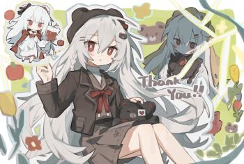 1girl blush border bow bowtie braid bright_pupils brown_hat brown_jacket brown_skirt brown_vest chibi closed_mouth double-parted_bangs feet_out_of_frame green_background hair_between_eyes hair_ornament hairclip hand_up hat highres jacket long_hair long_sleeves looking_at_viewer mihuashi_250486 multiple_views open_clothes open_jacket original outline outside_border parallel_hairclips parted_lips pleated_skirt red_bow red_bowtie red_eyes single_braid skirt stuffed_animal stuffed_toy teddy_bear thank_you vest white_border white_hair white_outline white_pupils