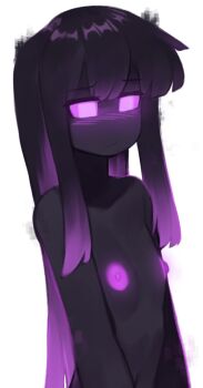 1girl black_hair black_skin blush breasts colored_sclera colored_skin commentary completely_nude embarrassed enderman english_commentary genderswap glowing glowing_areolae glowing_eyes glowing_nipples gradient_hair hair_between_eyes long_hair minecraft multicolored_hair navel nipples nose_blush nude out-of-frame_censoring personification pink_eyes pink_hair pink_sclera sidelocks simple_background small_breasts solo upper_body very_long_hair white_background yoako