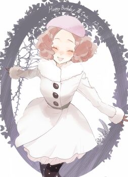 Rule 34 | 1girl, belt, birthday, black pantyhose, blush, brown hair, buttons, closed eyes, coat, commentary request, dated, facing viewer, feet out of frame, fluffy hair, fur-trimmed coat, fur trim, gloves, happy birthday, hat, highres, long sleeves, meameeea, okumura haru, open mouth, pantyhose, persona, persona 5, pink hat, short hair, solo, straight-on, white coat, winter clothes