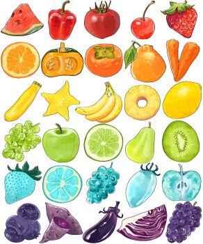Rule 34 | apple, banana, bell pepper, carrot, cherry, eggplant, food, food focus, fruit, grapes, green apple, highres, kiwi (fruit), kiwi slice, lemon, miri illust, no humans, orange (fruit), orange slice, original, pineapple, pineapple slice, simple background, starfruit, sweet potato, tomato, watermelon, watermelon slice, white background