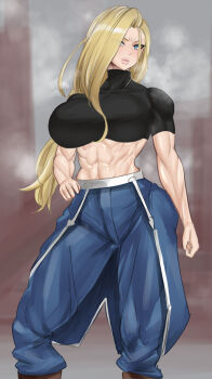 1girl blonde_hair blue_eyes breasts female_focus fullmetal_alchemist hair_over_one_eye hand_on_own_hip highres huge_breasts koucha_indian lips long_hair looking_at_viewer midriff muscular muscular_female olivier_mira_armstrong solo thick_lips