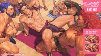 5boys alternate_costume animal_ears armpit_hair balthus_von_albrecht balthus_von_albrecht_(summer) bara beach beach_towel beard black_hair blonde_hair blue_hair bracelet chest_hair commentary covered_penis dreamplpe english_commentary eyewear_on_head facial_hair fire_emblem fire_emblem:_radiant_dawn fire_emblem:_the_blazing_blade fire_emblem:_three_houses fire_emblem_awakening fire_emblem_heroes flower flower_necklace goatee hector_(fire_emblem) highres jewelry large_pectorals lei long_hair male_focus male_swimwear multiple_boys muscular muscular_male necklace nintendo nipples official_alternate_costume outdoors paid_reward_available patreon_username pectorals red_hair round_eyewear sandals short_hair skrimir_(fire_emblem) sunglasses topless_male towel vaike_(fire_emblem) vaike_(summer)_(fire_emblem) yaoi