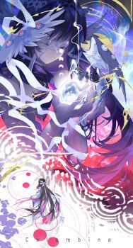 1girl absurdres angel_wings black_hair character_name cheong1110 closed_eyes closed_mouth columbina_(genshin_impact) disembodied_eye dress eye_mask genshin_impact hashtag-only_commentary head_wings highres hiisi_island holding_moon long_hair mask moon moon_phases multicolored_hair multiple_views pink_hair ribbon two-tone_hair very_long_hair white_dress white_ribbon white_wings wings