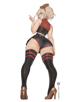 1girl artist_name ass bare_arms black_shorts black_skirt black_thighhighs brown_hair brown_shoes burnice_white commentary crop_top fire from_behind full_body grin high_heels holy_meh looking_at_viewer looking_back microskirt patreon_logo patreon_username pleated_skirt red_eyes shirt shoes shorts shorts_under_skirt simple_background skindentation skirt sleeveless sleeveless_shirt smile solo standing thighhighs white_background zenless_zone_zero