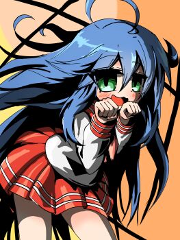 1girl :3 ahoge anime_coloring blue_hair blush check_commentary commentary_request green_eyes hair_between_eyes highres izumi_konata leaning_forward long_hair long_sleeves looking_at_viewer lucky_star neckerchief open_mouth orange_background pink_neckerchief pleated_skirt red_sailor_collar red_skirt reisaki_niseen ryouou_school_uniform sailor_collar school_uniform serafuku shadow shirt skirt solo standing very_long_hair