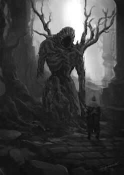 1other armor artist_name bearer_of_the_curse boots commentary_request dark_souls_(series) dark_souls_ii giant greyscale helm helmet highres long_sleeves monochrome ruins solo standing tree tripdancer