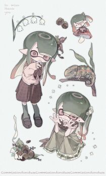1girl 1n0chi brown_neckerchief brown_scarf brown_shoes brown_skirt cardigan chibi chibi_inset closed_mouth commission dress earrings full_body gradient_hair green_dress green_hair green_socks hair_ornament hair_scrunchie hand_to_own_mouth hand_up heart heart_hands highres inkling inkling_girl inkling_player_character jewelry long_hair long_sleeves looking_at_viewer multicolored_hair multiple_views mushroom neckerchief nintendo one_side_up parted_bangs pink_cardigan pink_eyes pink_hair pointy_ears scarf scrunchie shoes sidelocks skirt smile socks splatoon_(series) stud_earrings tentacle_hair white_scrunchie
