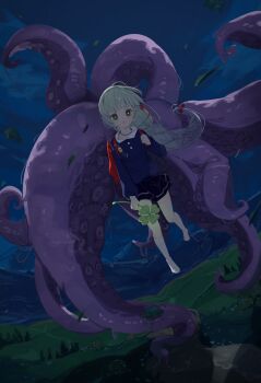 1girl :o absurdres alternate_costume barefoot black_bag black_skirt blue_shirt bow braid clover commentary full_body green_eyes hair_bow highres holding holding_clover long_hair long_sleeves looking_at_viewer mawe127 monster_girl open_mouth red_bow scylla shirt single_braid single_sock skirt socks tentacles trickcal ui_(trickcal) underwater white_hair white_socks