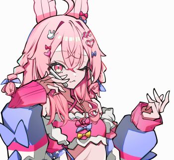 1girl absurdres animal_ears bandeau blue_bow bow braid cigarette hair_bow hair_ornament heart heart_hair_ornament highres holding holding_cigarette long_hair long_sleeves looking_at_viewer one_eye_closed phase_connect pink_bandeau pink_bow pink_eyes pink_hair pipkin_pippa pipkin_pippa_(1st_costume) rabbit_ears rabbit_girl rabbit_hair_ornament shww225 smile solo virtual_youtuber white_background