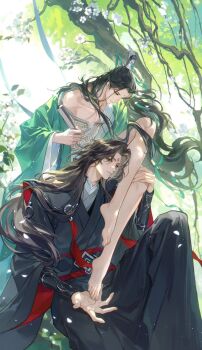 Rule 34 | 2boys, al (ahr), bare legs, barefoot, bent over, bindi, black hair, black hanfu, blurry, blurry background, brown eyes, carrying, chinese clothes, closed mouth, collarbone, commentary request, curtained hair, dappled sunlight, day, falling petals, floating hair, flower, folded fan, folding fan, green eyes, green hanfu, green ribbon, half-closed eyes, half updo, hand fan, hand on another's foot, hand on another's knee, hanfu, head tilt, highres, holding, holding fan, knee up, legs, light particles, long hair, long sleeves, looking at another, looking down, luo binghe, male focus, multiple boys, off shoulder, outdoors, parted bangs, parted lips, petals, renzha fanpai zijiu xitong, ribbon, ribboned xiao guan, shen qingqiu, shoulder carry, silver trim, single bare shoulder, smile, sunlight, tree, white background, white flower, white petals, wide sleeves, wolf cut, yaoi, zuiyin