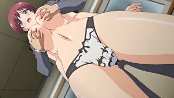 10s 1boy 1girl animated animated_gif breasts grabbing_another's_breast groping kamishiro_sakura lace lace-trimmed_panties lace_trim large_breasts low_angle nipples panties poro red_hair short_hair soshite_watashi_wa_ojisan_ni... standing teacher_and_student underwear