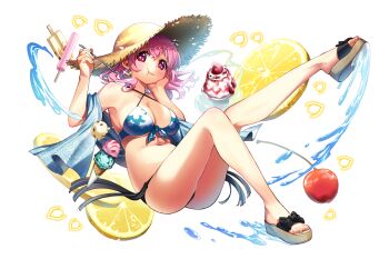 1girl alternate_costume alternate_headwear beach bikini blue_bikini blue_scarf blush breasts butterfly_earrings cherry cleavage closed_mouth collarbone commentary_request criss-cross_halter danmaku earrings eating feet food fruit game_cg hakurei_frontier_spell_strive halterneck hand_on_own_cheek hand_on_own_face happy hat highres holding holding_spoon ice_cream jewelry kapuchii knees_together_feet_apart large_breasts legs lemon long_hair navel official_art pink_eyes pink_hair plump saigyouji_yuyuko sandals scarf smile solo spoon stomach straw_hat sun_hat sundae swimsuit third-party_source toenails toes touhou transparent_background