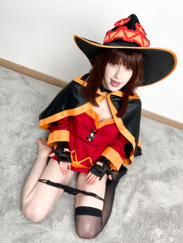Rule 34 | 1girl, absurdres, asymmetrical legwear, barefoot, belt, belt collar, black cape, black gloves, black hat, black panties, black thighhighs, blunt bangs, brown hair, cape, collar, cosplay, cosplay photo, dress, dutch angle, fingerless gloves, fingernails, full body, gesture, gloves, hat, highres, kneeling, kono subarashii sekai ni shukufuku wo!, lips, long hair, long sleeves, looking at viewer, looking up, megumin, megumin (cosplay), mismatched legwear, mole, on floor, orange trim, panties, panty pull, photo (medium), red dress, red eyes, rug, sidelocks, single thighhigh, soles, solo, stelarhoshi, thighhighs, tongue, tongue out, underwear, witch hat