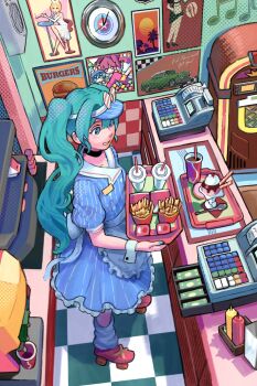 1girl apron aqua_eyes aqua_hair calilo cash_register checkered_floor choker clock commentary counter cup diner disposable_cup donut dress drinking_straw food french_fries frilled_dress frills from_above full_body hatsune_miku highres holding holding_tray ice_cream jukebox kagamine_rin kasane_teto ketchup ketchup_bottle leg_warmers long_hair mesmerizer_(vocaloid) mustard mustard_bottle nail_polish poster_(object) restaurant roller_skates sauce_packet short_sleeves skates smile soda_fountain solo spoon striped_clothes striped_dress sundae tile_floor tiles tray twintails very_long_hair visor_cap vocaloid wafer_stick waist_apron waitress wall_clock wrist_cuffs