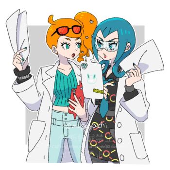 2girls aqua_eyes aqua_nails aqua_shirt black-framed_eyewear black_dress blue_eyes blue_hair commentary denim dress eyewear_on_head gen_4_pokemon hachisen hair_ornament hair_rings heart heart_hair_ornament holding holding_paper jeans lab_coat looking_at_another mable_(pokemon) multiple_girls necktie nintendo orange_hair pants pantyhose paper pokemon pokemon_legends:_z-a pokemon_swsh ribbed_shirt rotom rotom_phone safety_glasses shirt side_ponytail sonia_(pokemon) sunglasses swept_bangs twitter_username v-neck watermark wavy_hair