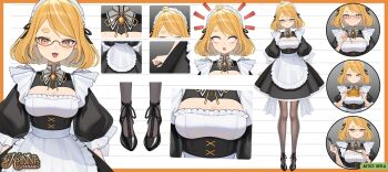 1girl absurdres ahoge apron artist_name black_dress black_ribbon black_shoes blank_eyes blonde_hair blush breasts character_name cleavage commentary dress glasses glitch_stars hair_ribbon highres holding holding_riding_crop kanna_yanagi maid maid_headdress multicolored_hair open_mouth pantyhose reference_sheet refla ribbon riding_crop shoes short_hair smile streaked_hair virtual_youtuber white_apron white_hair yellow_eyes