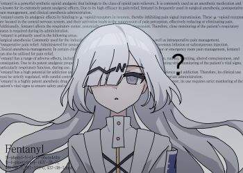 1girl ? badge character_name chemical_structure drugs english_text fentanyl grey_background grey_eyes hair_ornament hair_over_one_eye highres lab_coat lapels letter_hair_ornament long_hair looking_at_viewer medicine open_mouth original personification phonetik product_girl shirt spoken_question_mark text_background white_hair white_shirt