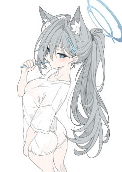 1girl alternate_costume animal_ear_fluff animal_ears ass blue_archive breasts brushing_teeth commentary cross_hair_ornament from_behind grey_hair hair_ornament highres holding holding_toothbrush large_breasts long_hair naked_shirt ponytail shiroko_terror_(blue_archive) shirt simple_background solo t1kosewad toothbrush white_background white_shirt wolf_ears wolf_girl