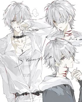 1boy bandage_over_one_eye bandages bandaid bandaid_on_cheek bandaid_on_face belt bishounen black_eyes blood blood_on_face choker cigarette collar cross cross_necklace gauze highres holding holding_cigarette hood hood_down jewelry konosekaino920 long_sleeves looking_at_viewer male_focus multiple_views necklace original pants sample_watermark self-harm shirt short_hair smoking speech_bubble watermark white_background white_hair white_pants white_shirt
