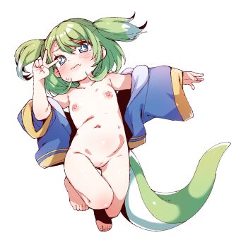 +_+ 1girl babalilo barefoot blue_jacket blush closed_mouth collarbone embarrassed fang glasses green_eyes jacket loli navel nipples open_clothes open_jacket original pussy short_hair simple_background skin_fang solo stomach tail toes two_side_up v white_background