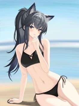 1girl absurdres alternate_costume animal_ears arknights beach bikini black_bikini black_hair blurry blurry_background blush breasts brown_eyes collarbone commentary day hand_on_own_chin highres long_hair looking_at_viewer medium_breasts navel ocean outdoors parted_lips side-tie_bikini_bottom sitting solo swimsuit texas_(arknights) turbidpeachzz wolf_ears wolf_girl