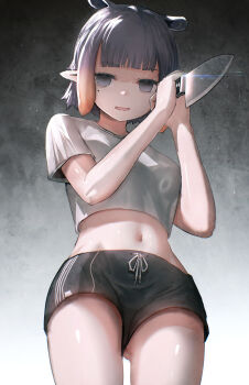 1girl absurdres advarcher black_shorts blunt_bangs bob_cut breasts center-flap_bangs commentary cropped_shirt empty_eyes gluteal_fold gradient_hair grey_eyes grey_shirt highres holding holding_knife hololive hololive_english kitchen_knife knife looking_at_viewer midriff mole mole_under_eye multicolored_hair navel ninomae_ina'nis open_mouth orange_hair pointy_ears purple_hair shirt short_hair short_shorts shorts small_breasts solo t-shirt tentacle_hair virtual_youtuber yandere