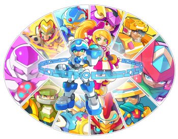 4girls 6+boys absurdres arm_cannon armor aviator_(mighty_no._9) battalion_(mighty_no._9) beck_(mighty_no._9) blue_eyes brandish_(mighty_no._9) call_(mighty_no._9) countershade_(mighty_no._9) cryosphere dynatron_(mighty_no._9) everyone fire full_body green_eyes hat helmet highres mega_man_(series) mega_man_zx mighty_no._9 multiple_boys multiple_girls non-web_source orange_eyes parody pyrogen_(mighty_no._9) ray_(mighty_no._9) red_eyes red_helmet redesign robot robot_girl seismic_(mighty_no._9) smile sombrero style_parody trinity_(mighty_no._9) weapon yellow_eyes