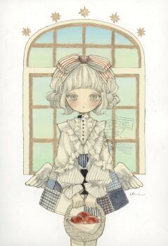 1girl acrylic_paint_(medium) angel_wings arched_window basket blue_skirt blunt_bangs blush bow collared_shirt commentary food freckles fruit full_body gingham_clothes gradient_background grey_eyes hair_bow hairband highres holding holding_basket instagram_logo instagram_username karintoun lolita_fashion long_sleeves looking_at_viewer muted_color original painting_(medium) pale_skin patchwork_clothes postmark puffy_sleeves ribbon shirt sidelocks signature skirt standing straight-on striped_bow striped_clothes traditional_media twitter_username twitter_x_logo watercolor_(medium) watermark white_background window wings