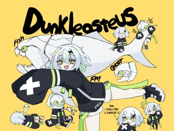 1girl :d ^^^ absurdres armor biting biting_another's_tail black_jacket black_shoes character_name chibi chomping colored_inner_hair commentary creature_and_personification dunkleosteus english_commentary english_text faceplant fish foot_out_of_frame full_body green_eyes green_hair green_trim hair_between_eyes hair_ornament hanging helmet high_tops highres jacket lying melonbread meme multicolored_eyes multicolored_hair multiple_views notice_lines o_o on_stomach open_mouth original personification prehistoric_animal riding riding_animal ringed_eyes sakana~_(meme) sharp_teeth shoes short_hair short_shorts shorts sitting sitting_backwards sleeves_past_fingers sleeves_past_wrists smile sneakers solo_focus standing standing_on_one_leg strap tail teeth translated two-tone_eyes velcro_footwear visor_(armor) white_hair white_shorts white_trim wide_sleeves x_hair_ornament x_x yellow_background yellow_eyes