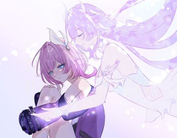 2girls blue_eyes breasts coat cyrene_(aedes_elysiae)_(honkai:_star_rail) cyrene_(honkai:_star_rail) cyrene_(ripples_of_past_reverie)_(honkai:_star_rail) dress dual_persona fetal_position hair_ornament highres honkai:_star_rail honkai_(series) hug hug_from_behind large_breasts long_hair multiple_girls nukoxx_02 pink_hair purple_coat simple_background smile very_long_hair white_background white_dress