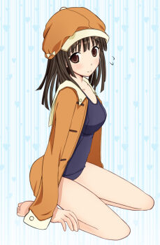 Rule 34 | bakemonogatari, breasts, brown eyes, brown hair, newsboy cap, hat, jacket, monogatari (series), roripuni, sengoku nadeko, swimsuit