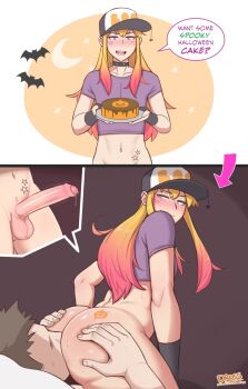 2boys anilingus ass ass_grab baseball_cap black_choker black_gloves blonde_hair blush bottomless cake choker dross english_text erection fingerless_gloves food foreskin gloves gradient_hair halloween hat highres holding holding_plate jade_(dross) josou_seme long_hair looking_at_viewer male_focus multicolored_hair multiple_boys navel_piercing open_mouth original penis phimosis piercing pink_eyes pink_hair plate shirt short_sleeves sitting sitting_on_face sitting_on_person speech_bubble spiked_choker spikes star_(symbol) star_tattoo tattoo testicles trap uncensored yaoi