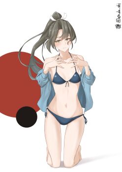 1girl absurdres atodashi bikini blue_bikini blue_jacket breasts commentary_request front-tie_bikini_top front-tie_top green_eyes green_hair highres hood hooded_jacket jacket jacket_over_swimsuit jacket_partially_removed kantai_collection kneeling long_hair looking_at_viewer navel off_shoulder official_alternate_hairstyle ponytail ribbon side-tie_bikini_bottom small_breasts solo string_bikini swimsuit twitter_username white_background white_ribbon zuikaku_(kancolle) zuikaku_(swimsuit)_(kancolle) zuikaku_kai_ni_(kancolle)