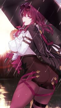 1girl ass black_jacket black_shorts breasts collared_shirt dress_shirt eyewear_on_head gloves high-waist_shorts highres honkai:_star_rail honkai_(series) jacket jacket_on_shoulders kafka_(honkai:_star_rail) large_breasts long_hair long_sleeves looking_at_viewer pantyhose pantyhose_under_shorts ponytail purple_eyes purple_gloves purple_hair purple_pantyhose rain round_eyewear saint_laurent_paris shirt shorts sidelocks smile solo sunglasses thighs umbrella white_shirt