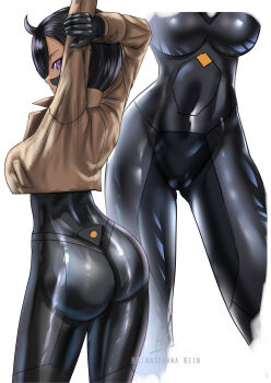 1girl arm_up ass black_bodysuit black_hair bodysuit bodysuit_under_clothes breasts brown_jacket cowboy_shot curvy emma_(pokemon) highres huge_ass jacket kein_hasegawa large_breasts multiple_views nintendo pokemon pokemon_legends:_z-a purple_eyes simple_background solo_focus white_background wide_hips