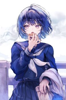 1girl absurdres bag blue_hair blue_shirt blue_skirt blue_theme commentary_request cookie eating fence food highres holding holding_bag holding_cookie holding_food looking_at_viewer neckerchief open_mouth original outdoors pipi_(pipinavigation) pleated_skirt school_uniform shirt skirt solo standing upper_body white_background white_neckerchief wooden_fence