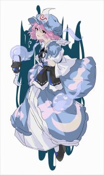 1girl black_shoes blue_hat blue_kimono commentary_request frilled_kimono frills from_side full_body hat highres hitodama japanese_clothes kimono long_sleeves medium_hair mob_cap neck_ribbon o_(crazyoton46) open_mouth parted_lips pink_eyes pink_hair puffy_sleeves ribbon saigyouji_yuyuko shoes sleeve_garter smile socks solo touhou triangular_headpiece veil white_socks