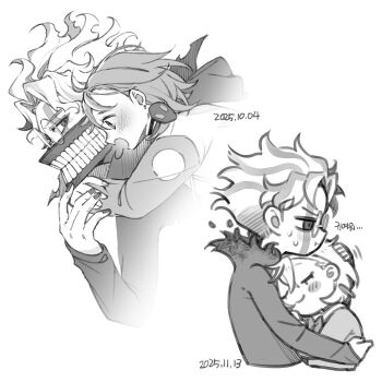 Rule 34 | 1boy, 1girl, arms around neck, ayase momo, black jacket, black nails, blush, carrying, chibi, chibi only, closed eyes, comimingming, commentary request, couple, cropped torso, crossed bangs, dandadan, dated, earrings, facial mark, furrowed brow, glasses, greyscale, hair between eyes, hetero, highres, hood, hood down, hug, jacket, jewelry, korean commentary, korean text, monochrome, multicolored hair, nail polish, open mouth, parted bangs, photoshop (medium), piggyback, round eyewear, short hair, smile, streaked hair, sweatdrop, takakura ken (dandadan), takakura ken (transformed) (dandadan), teeth, upper body, wavy hair, white background