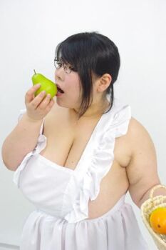 Rule 34 | 1girl, black hair, cattleya (queen's blade), cattleya (queen's blade) (cosplay), cosplay, fat, fat woman, food, fruit, glasses, luu (cosplayer), orange (fruit), pear, photo (medium), queen's blade, queen's blade lost worlds