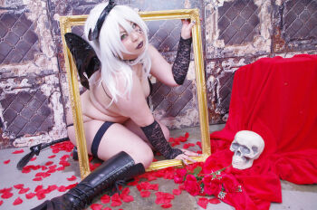 1girl asian bare_shoulders bikini black_wings boots breasts bridal_gauntlets choker cleavage cosplay demon_girl demon_wings detached_sleeves devil_girl fat fat_woman female_focus green_eyes hip_focus horns keito_(cosplayer) knee_high_boots leather leather_boots long_hair makeup medium_breasts photo_(medium) plump skull solo swimsuit thick_thighs thighs white_hair wide_hips wings