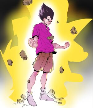 angry aura brown_shorts casual closed_mouth debris dragon_ball dragonball_z earrings floating_hair full_body highres jewelry kippotle loose_socks pink_shirt polo_shirt potara_earrings powering_up shirt shoes short_sleeves shorts socks standing twitter_username vegeta white_shoes white_socks widow&#039;s_peak