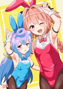 2boys absurdres alternate_costume animal_ears arm_around_waist arm_up armpits aroma_(aromax) astolfo_(fate) black_pantyhose blue_eyes blue_hair blue_leotard bulge fake_animal_ears fang fate/grand_order fate_(series) hacka_doll hacka_doll_3 highres leotard long_hair looking_at_viewer multiple_boys pantyhose pink_hair playboy_bunny purple_eyes rabbit_ears red_leotard skin_fang solo trap very_long_hair white_wrist_cuffs wrist_cuffs