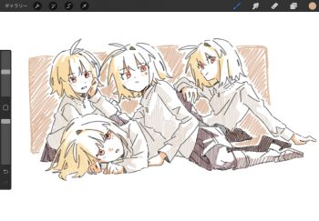 4girls ahoge arcueid_brunestud art_tools_in_frame blonde_hair blush boots brown_boots clone girl_on_top hand_on_own_cheek hand_on_own_face happy highres jewelry looking_at_viewer lying miniskirt multiple_girls necklace on_floor on_side pantyhose red_eyes same_ringo3 short_hair sitting sketch skirt smile sweater tsukihime tsukihime_(remake) turtleneck turtleneck_sweater