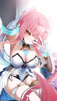 Rule 34 | 1girl, absurdres, aemeath (wuthering waves), arm up, armpits, bilingual commentary, blush, breasts, cleavage, commentary, elbow gloves, english commentary, engrish commentary, glitch, gloves, hair ornament, highres, large breasts, leotard, long hair, looking at viewer, mixed-language commentary, one eye closed, orange eyes, papaya b0i, pink hair, ponytail, showgirl skirt, skirt, smile, solo, star-shaped pupils, star (symbol), strapless, strapless leotard, symbol-shaped pupils, tacet mark (wuthering waves), thighs, v, very long hair, white gloves, white leotard, white skirt, wuthering waves