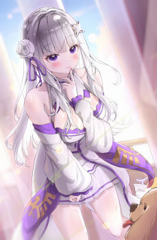 1girl absurdres arm_between_breasts bare_shoulders between_breasts blush braid breasts cleavage cleavage_cutout closed_mouth clothing_cutout commentary_request crown_braid day detached_sleeves dress elf emilia_(re:zero) feet_out_of_frame finger_to_mouth flower grey_hair hair_flower hair_ornament hair_ribbon highres indoors justjast large_breasts long_hair long_sleeves looking_at_viewer pleated_dress pointy_ears purple_eyes purple_ribbon re:zero_kara_hajimeru_isekai_seikatsu ribbon sky sleeveless sleeveless_dress solo standing twitter_username white_dress white_sleeves x_hair_ornament