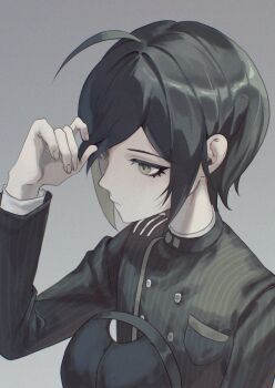 Rule 34 | 1boy, ahoge, bishounen, breast pocket, buttons, closed mouth, danganronpa (series), danganronpa v3: killing harmony, expressionless, eyelashes, from above, green eyes, grey background, grey theme, hair between eyes, hashtag-only commentary, hat, highres, holding, holding own hair, holding unworn clothes, holding unworn hat, kuma (id7dug), long sleeves, pinstripe jacket, pinstripe pattern, pocket, saihara shuichi, short hair, unworn hat, unworn headwear, upper body