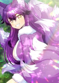 1girl animal_ears blurry blurry_background breasts brown_eyes character_request commentary_request commission day depth_of_field fox_ears fox_girl fox_tail from_side fur-trimmed_jacket fur_trim grin jacket kitsune kou_hiyoyo kyuubi large_breasts long_hair multicolored_hair multiple_tails outdoors purple_hair purple_jacket shrift_(series) skeb_commission smile solo tail two-tone_hair very_long_hair